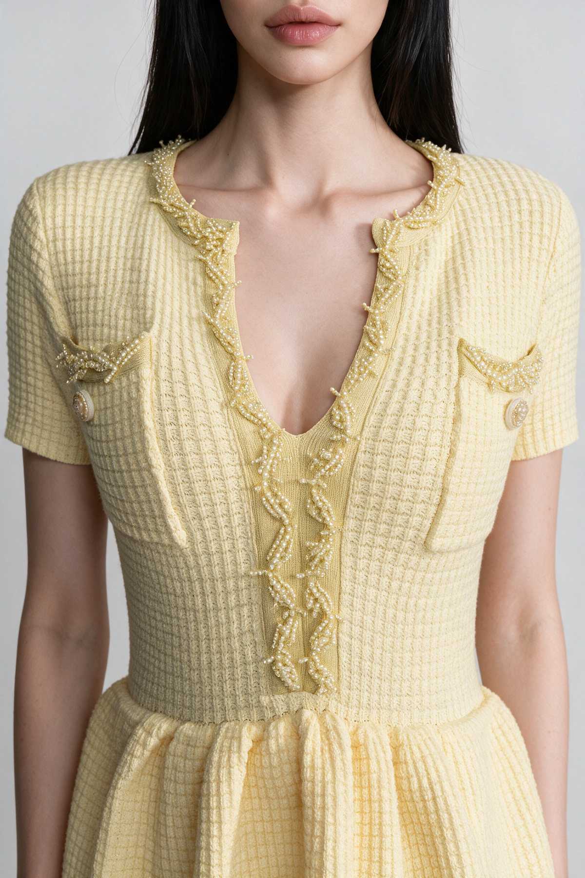 Textured Knit Midi Dress with Peplum Waist Detail - Yellow