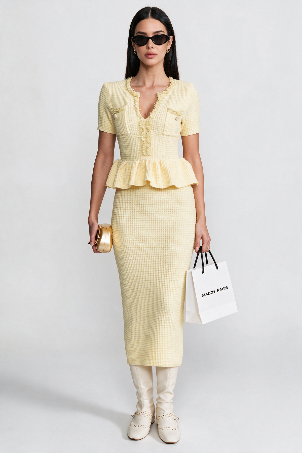 Textured Knit Midi Dress with Peplum Waist Detail - Yellow