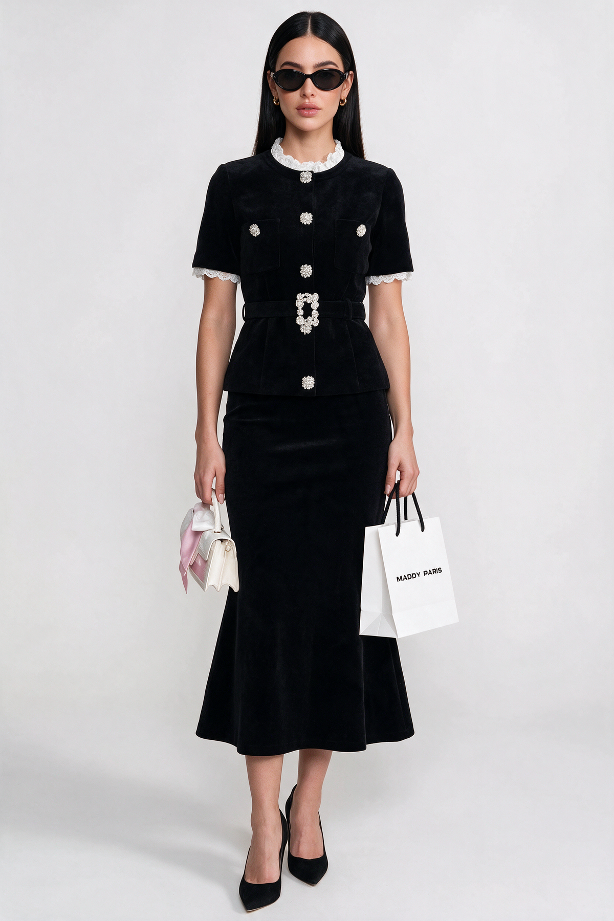 Short Sleeve Co-Ord With Peplum Waist And Crystal Button Belt - Black