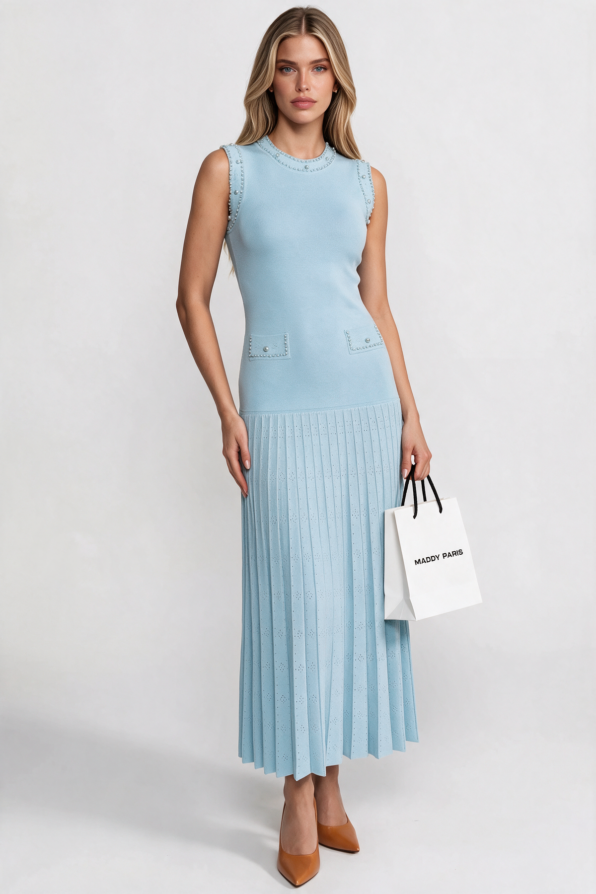 Knitted Sleeveless Midi Dress With Pearl Embellishments - Blue