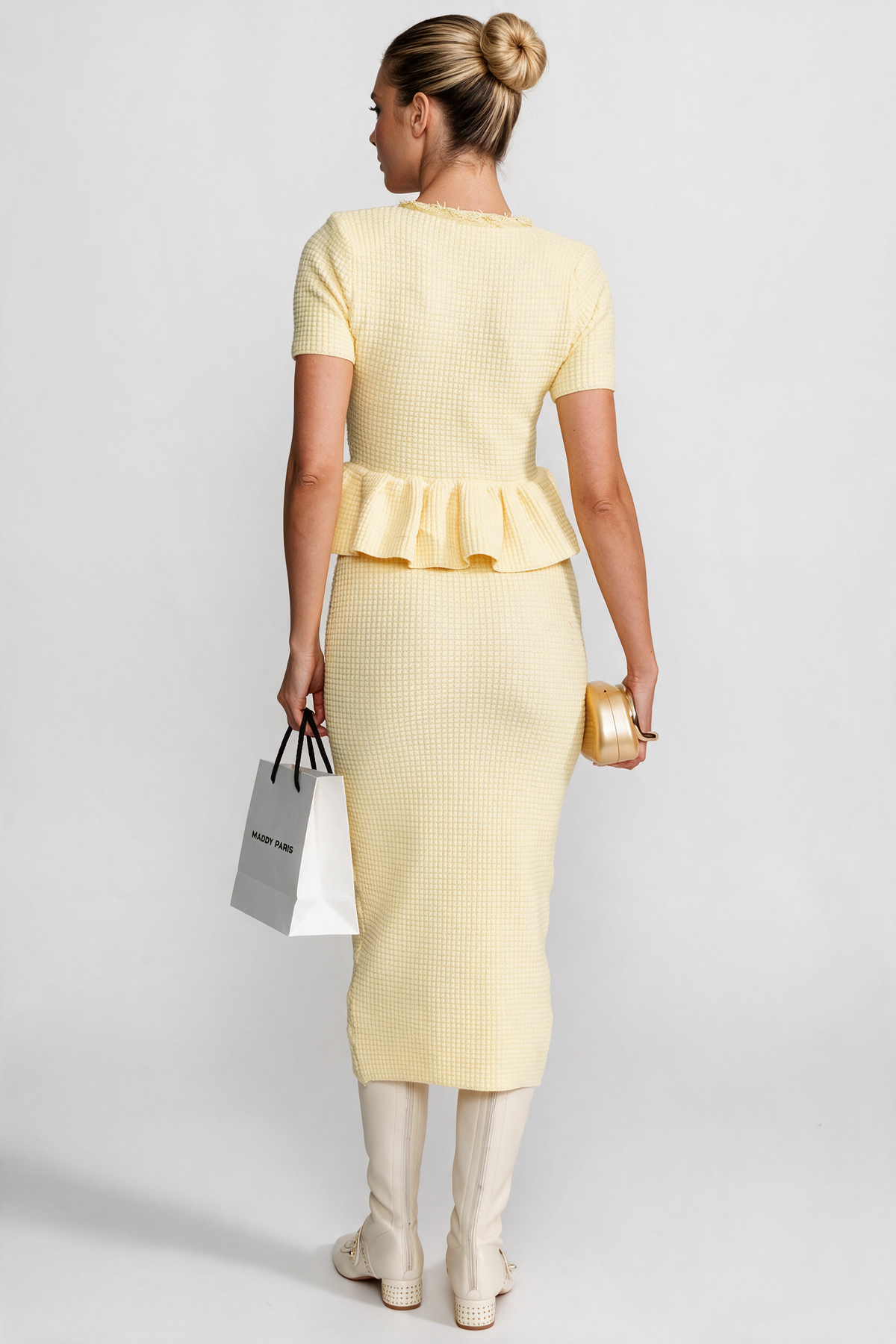Textured Knit Midi Dress with Peplum Waist Detail - Yellow