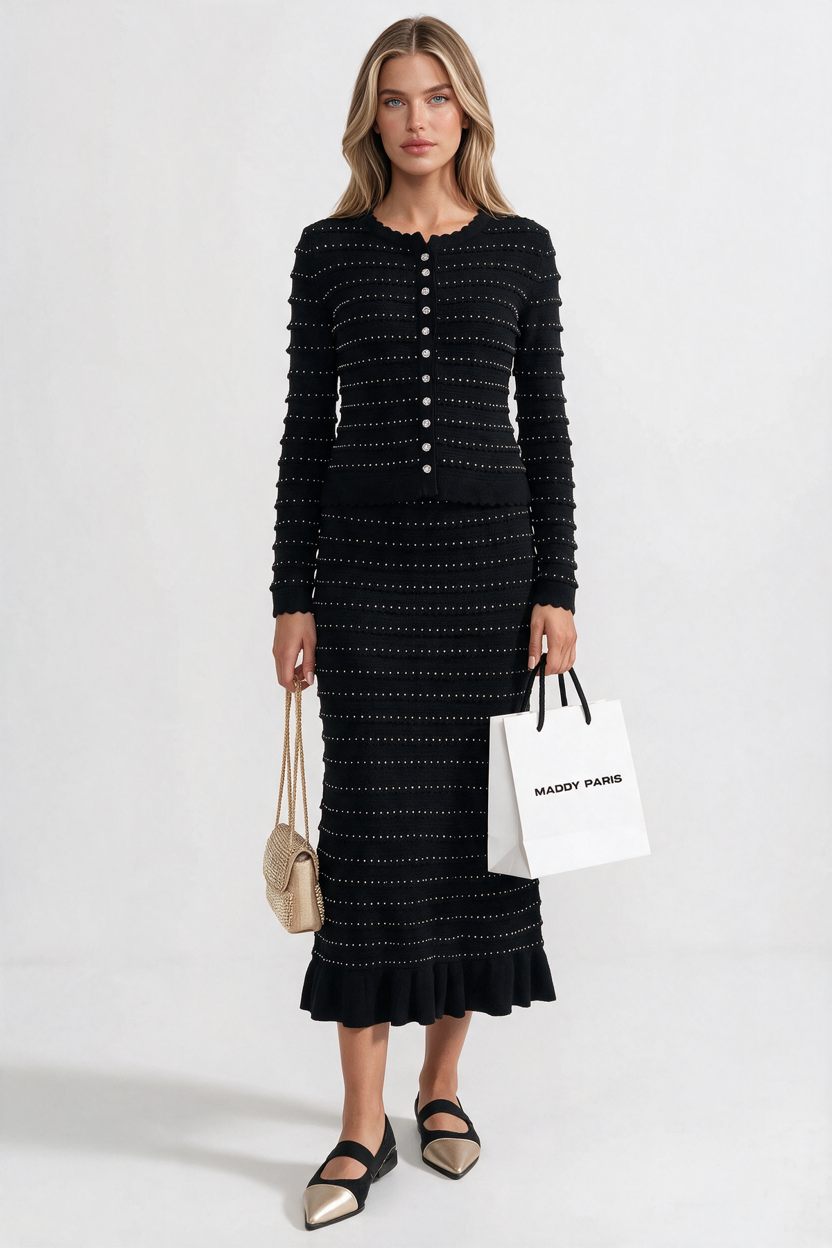 Knit Co-Ord Set With Pointelle Stripe Texture - Black