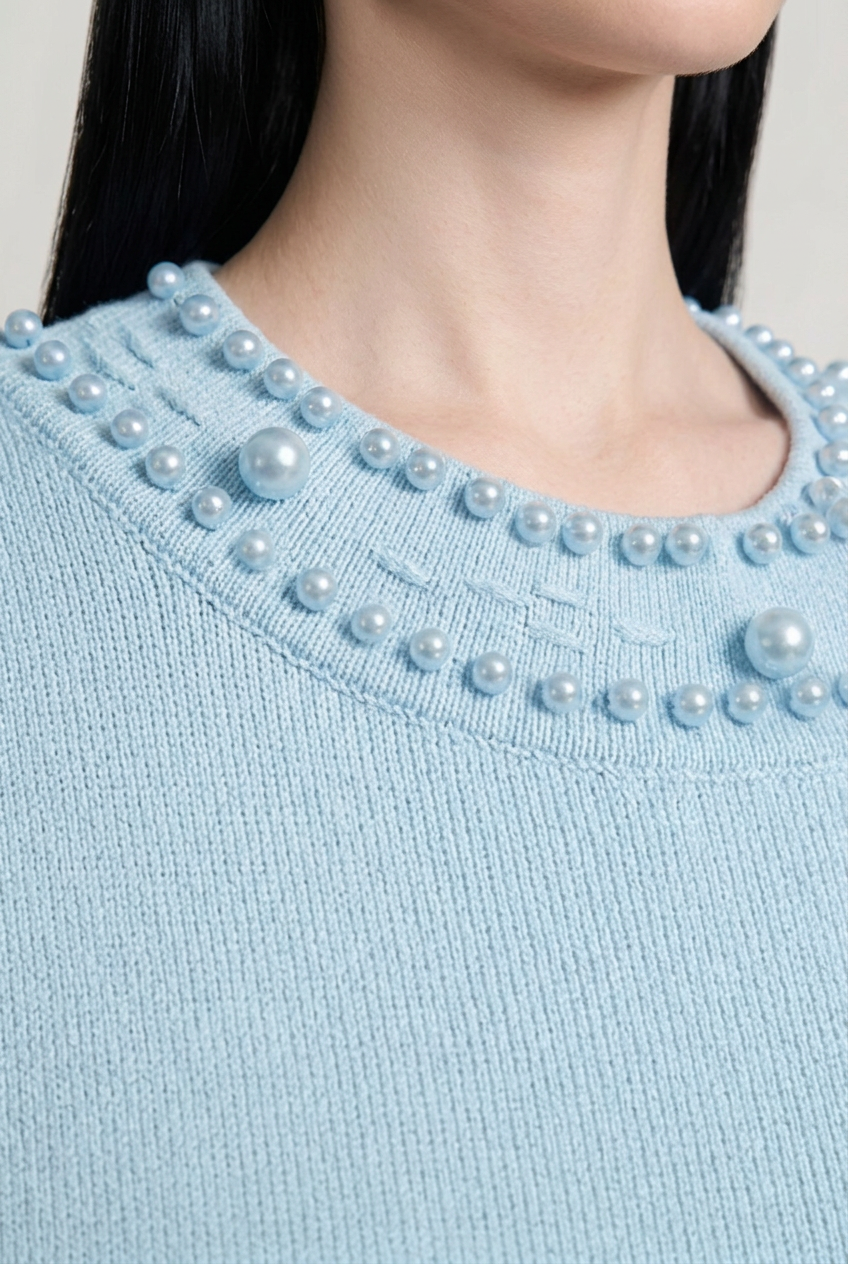 Knitted Sleeveless Midi Dress With Pearl Embellishments - Blue