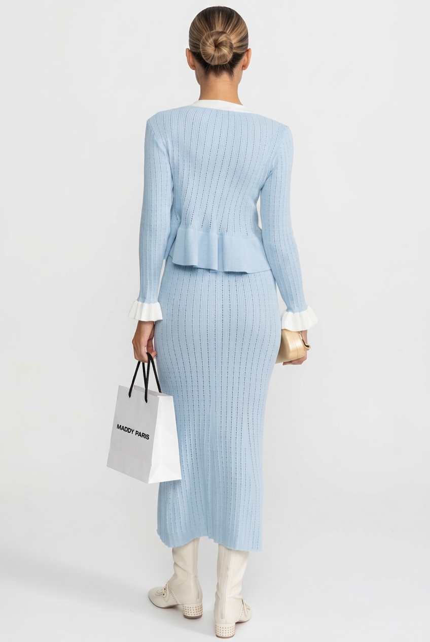 Pointelle Knit Midi Co-Ord with Contrast Trim - Baby Blue