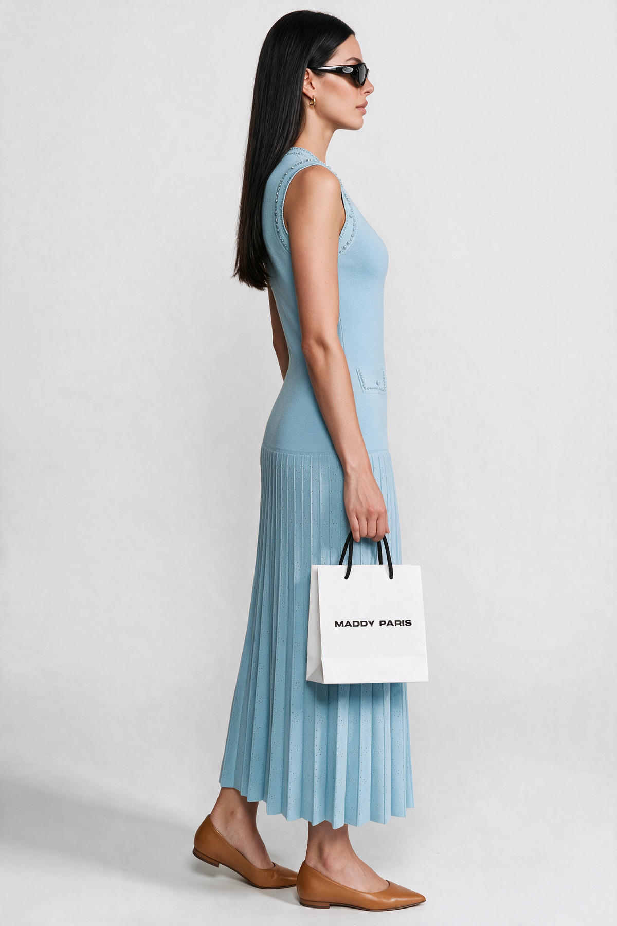 Knitted Sleeveless Midi Dress With Pearl Embellishments - Blue - side view