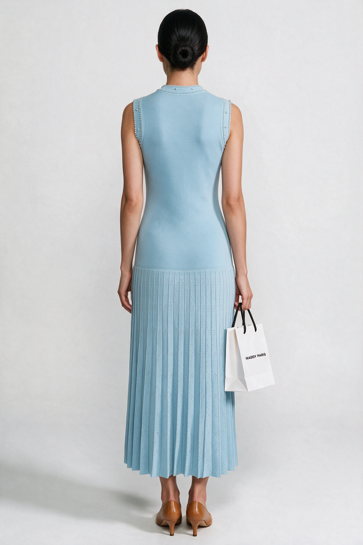 Knitted Sleeveless Midi Dress With Pearl Embellishments - Blue - back view