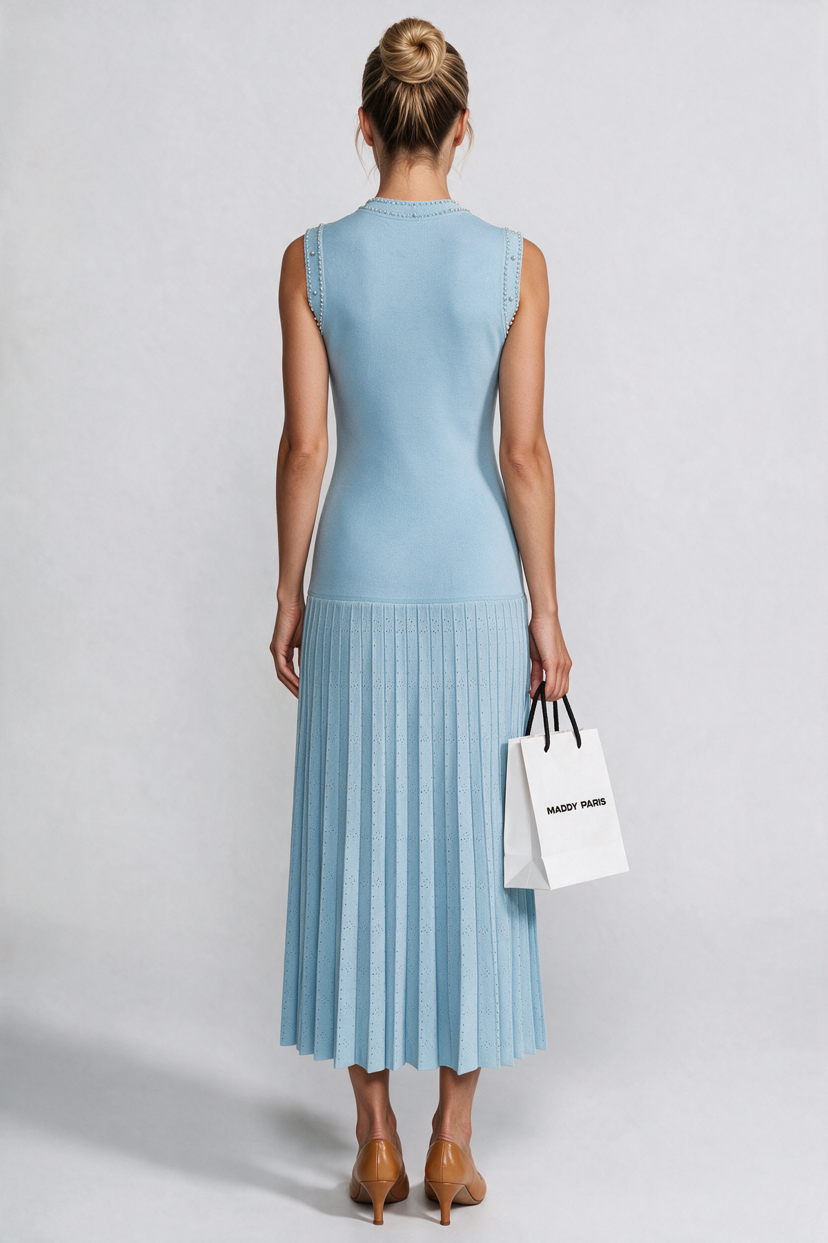 Knitted Sleeveless Midi Dress With Pearl Embellishments - Blue - back view