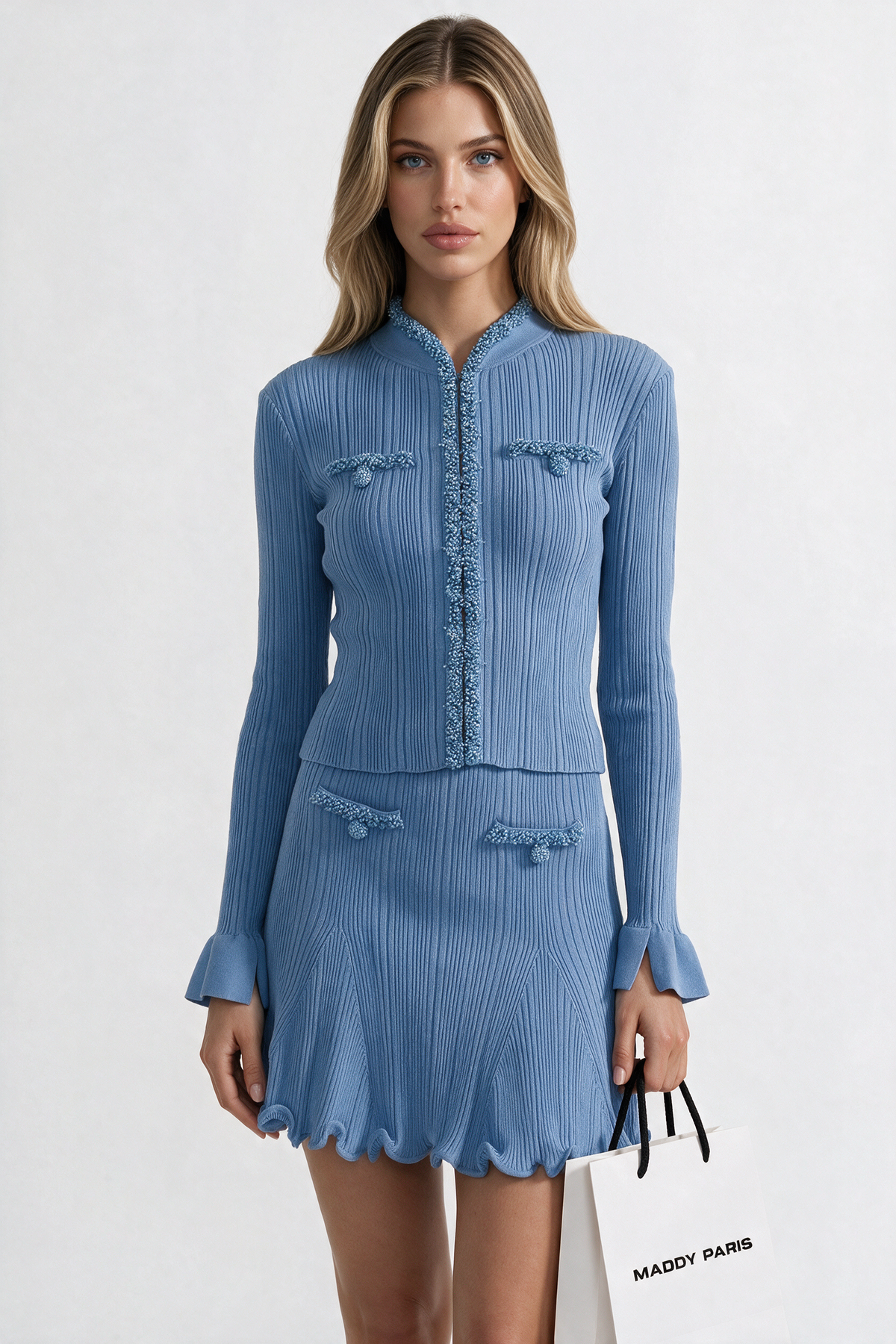 Ribbed Long Sleeve Set With Beaded Embellishments - Blue