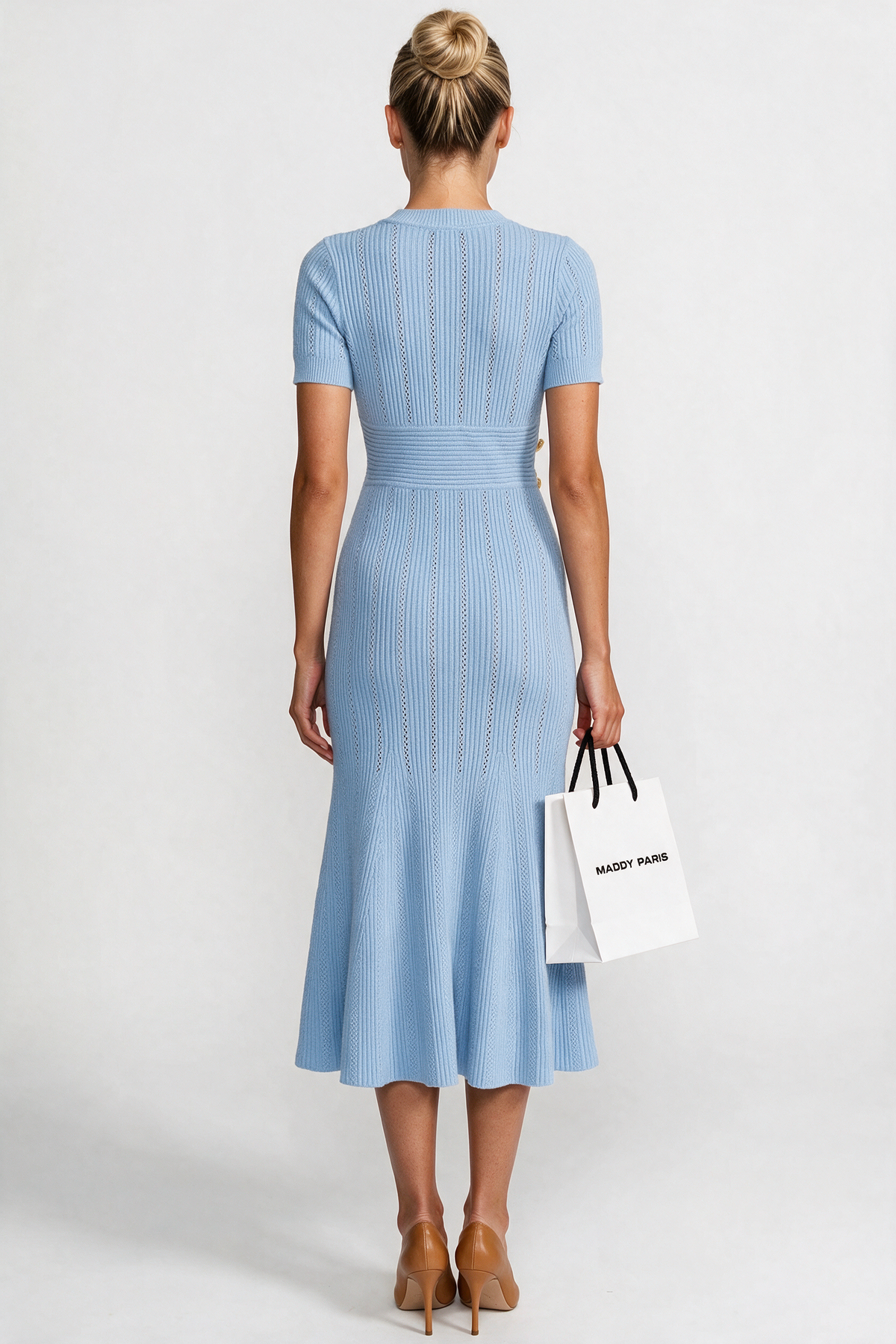 Ribbed Short Sleeve Midi Dress With Gold Button V-Neckline - Blue