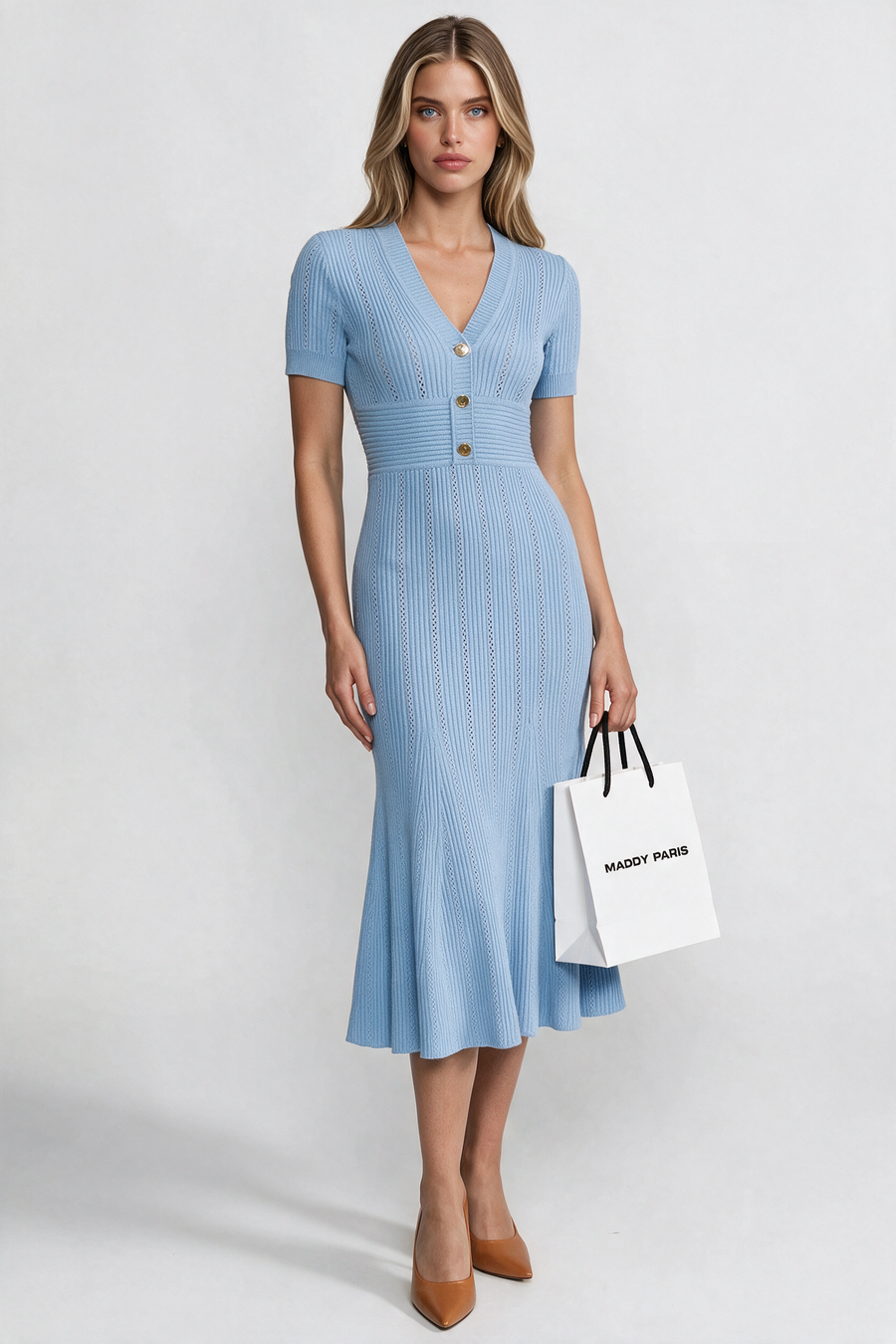 Ribbed Short Sleeve Midi Dress With Gold Button V-Neckline - Blue