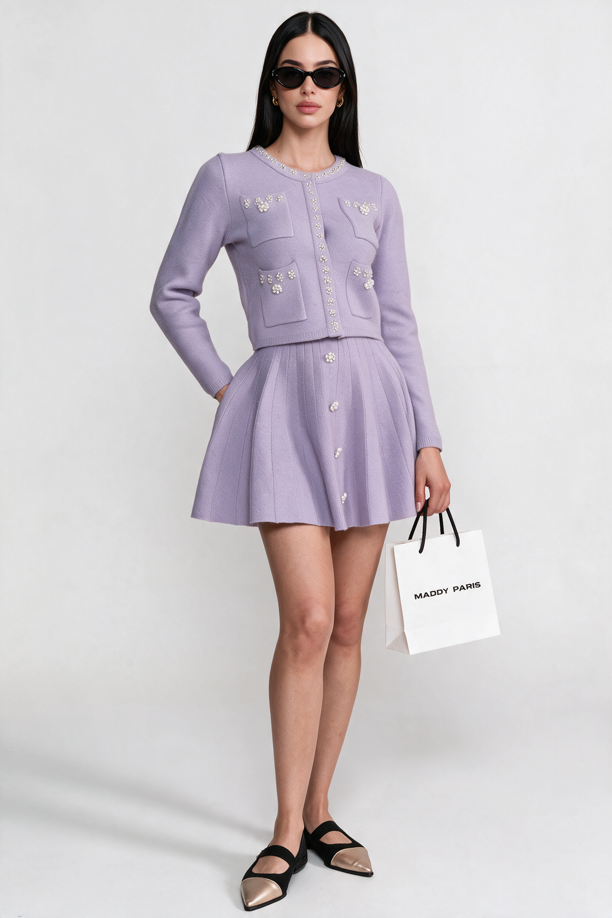 Knit Co-Ord Set With Long Sleeve Cardigan And Matching Mini Skirt - Lilac