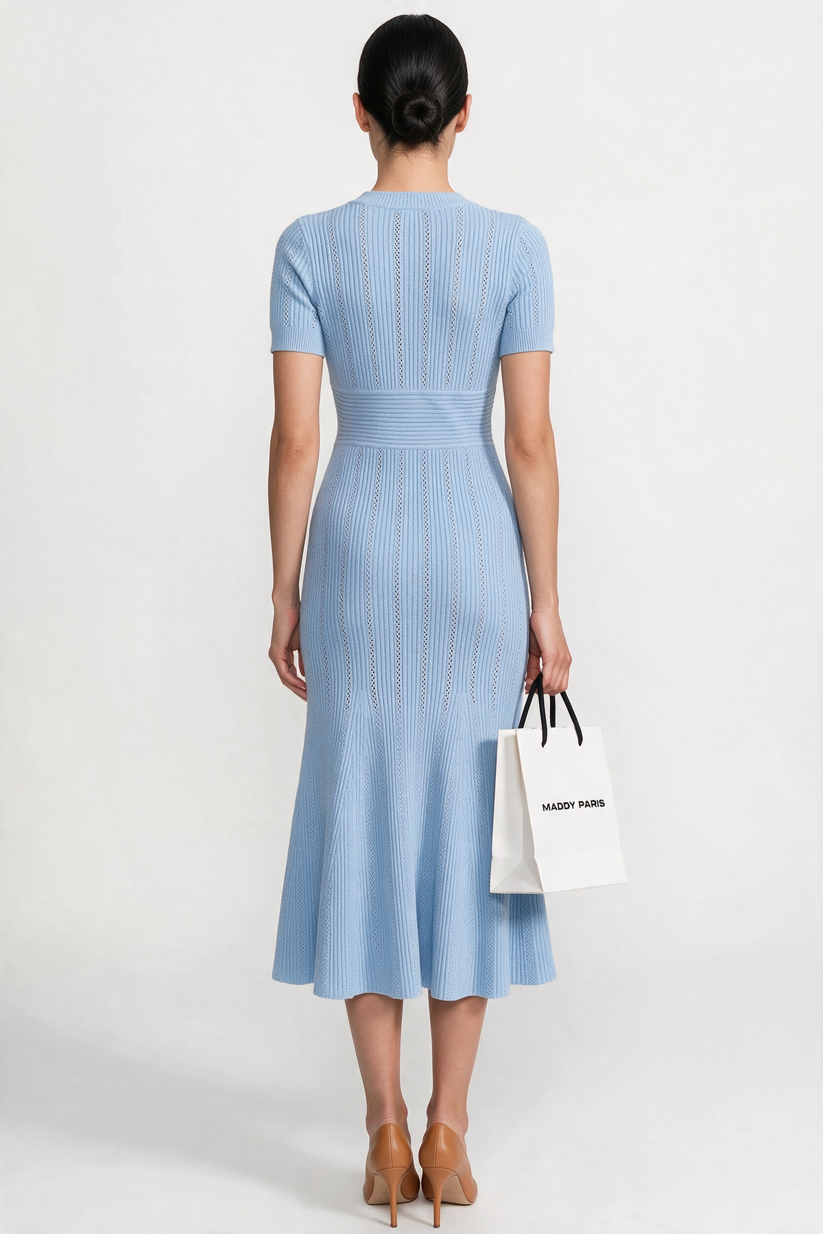 Ribbed Short Sleeve Midi Dress With Gold Button V-Neckline - Blue
