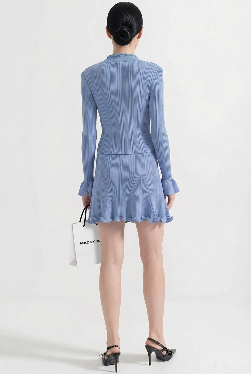 Ribbed Long Sleeve Set With Beaded Embellishments - Blue