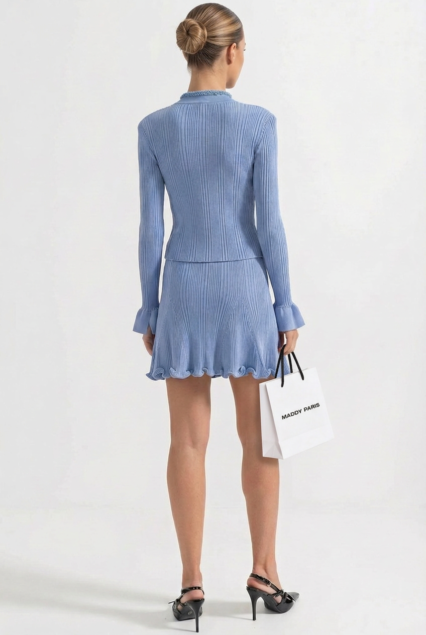 Ribbed Long Sleeve Set With Beaded Embellishments - Blue