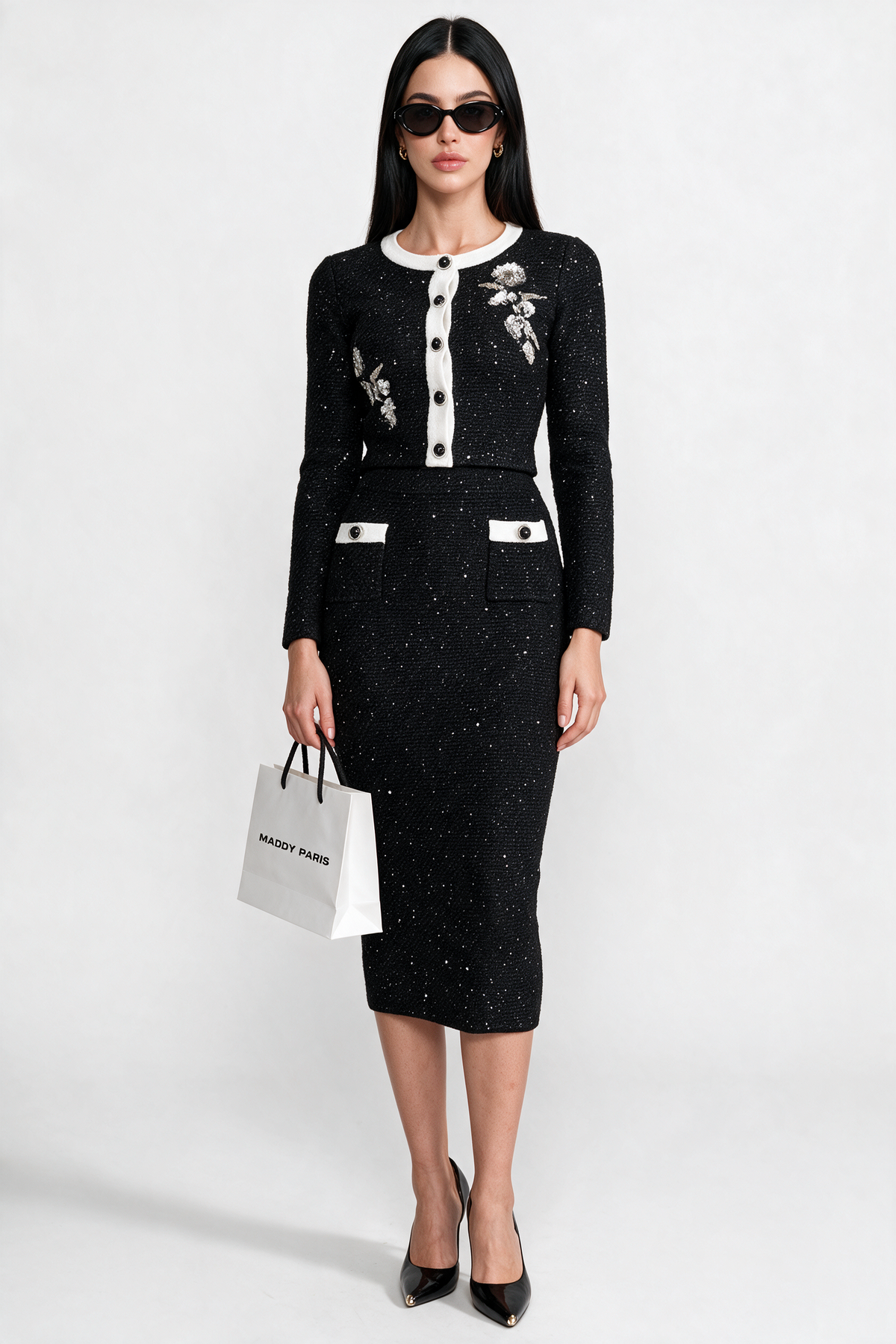 Embroidered Tweed Knit Co-Ord Set with Contrast Trim - Black