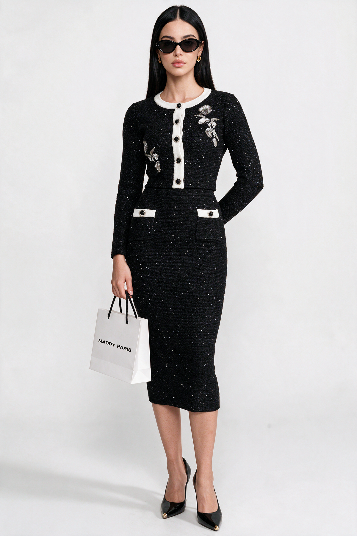 Embroidered Tweed Knit Co-Ord Set with Contrast Trim - Black