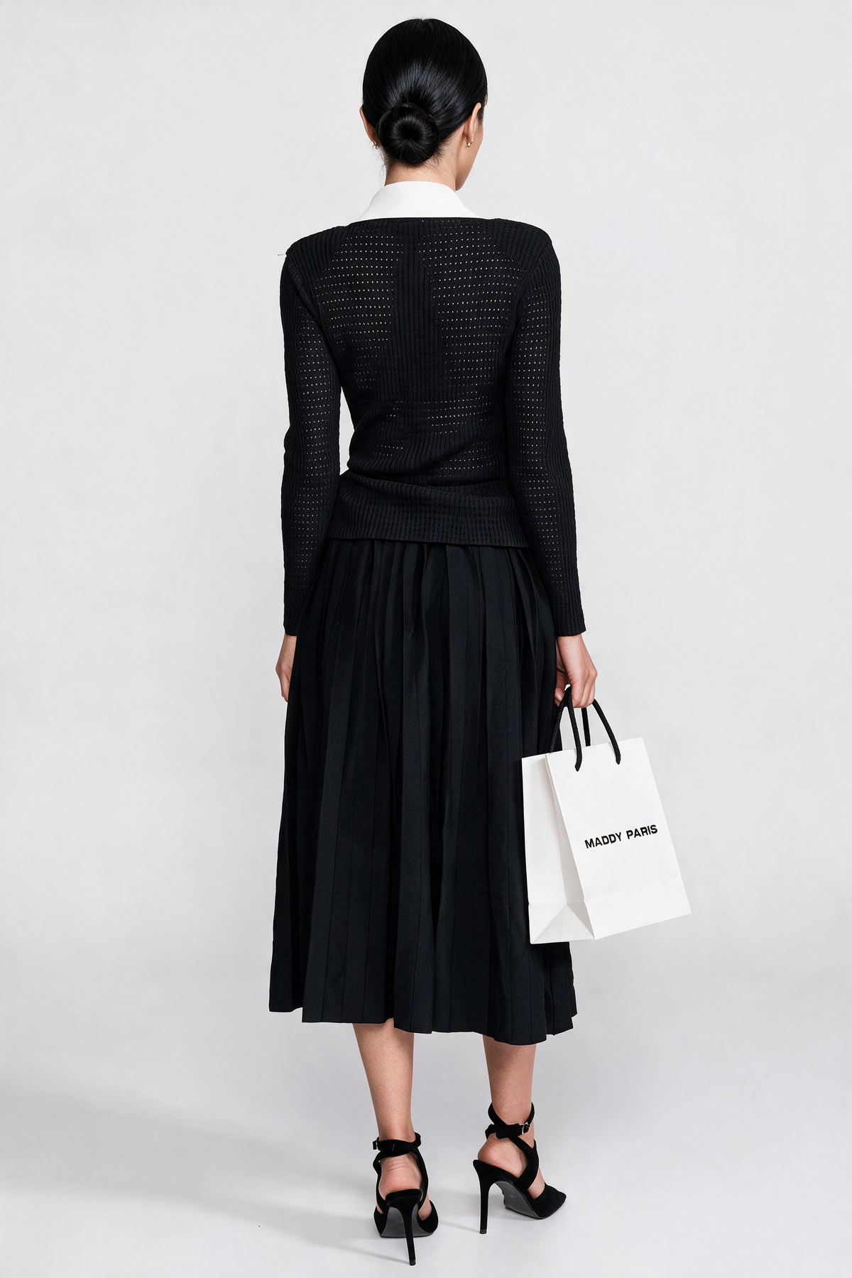 Open-Knit Dress with Pleated Midi Skirt - Black