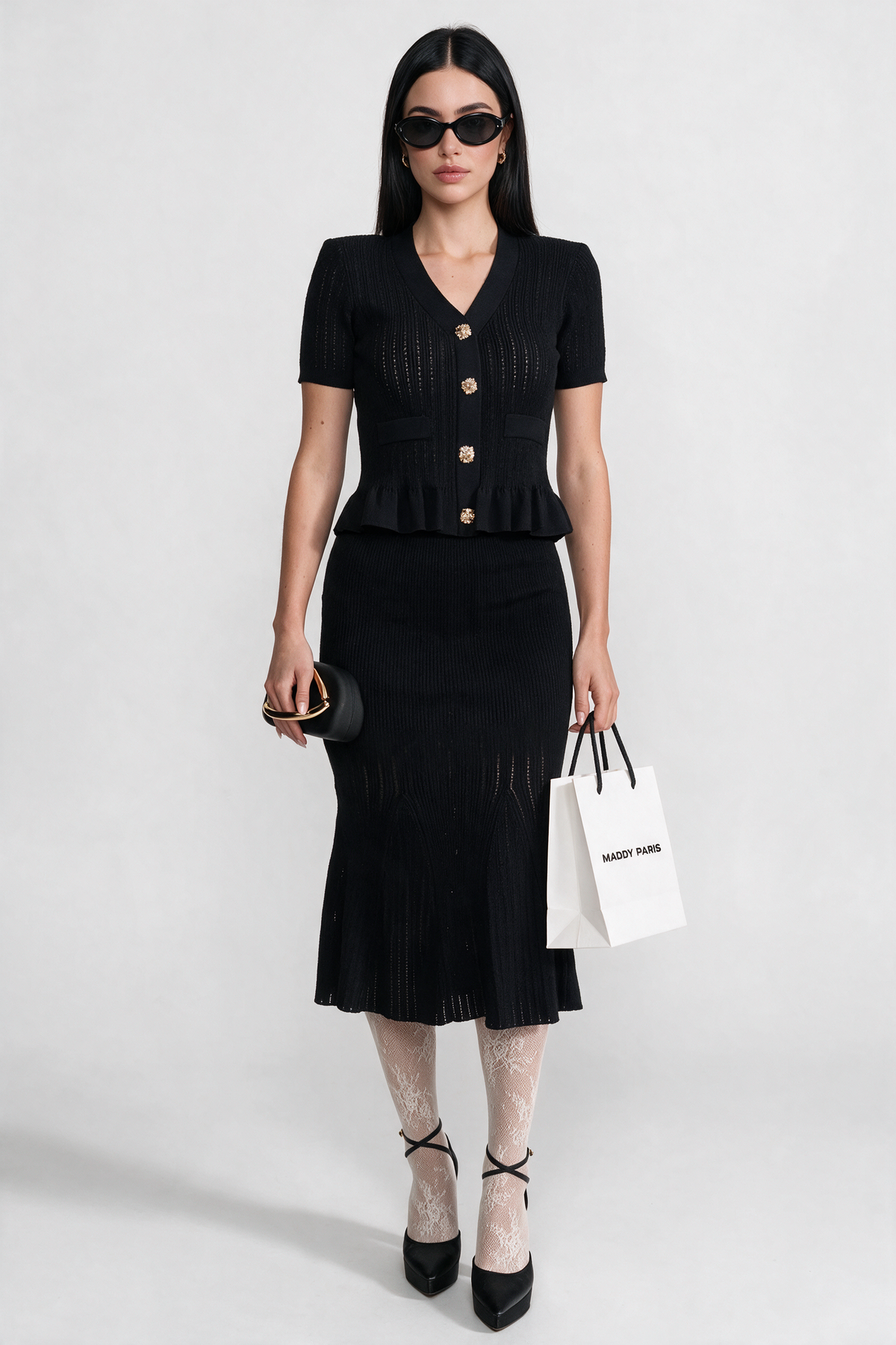 Knit Midi Co-Ord with Peplum Waist and Gold Buttons - Black