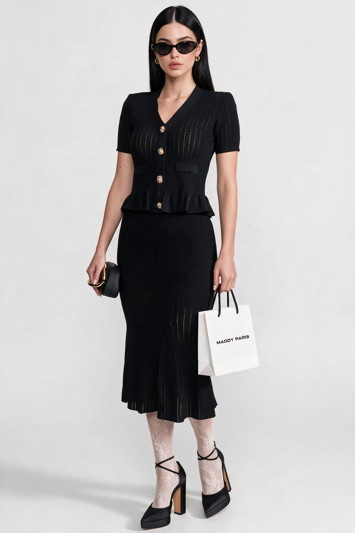 Knit Midi Co-Ord with Peplum Waist and Gold Buttons - Black