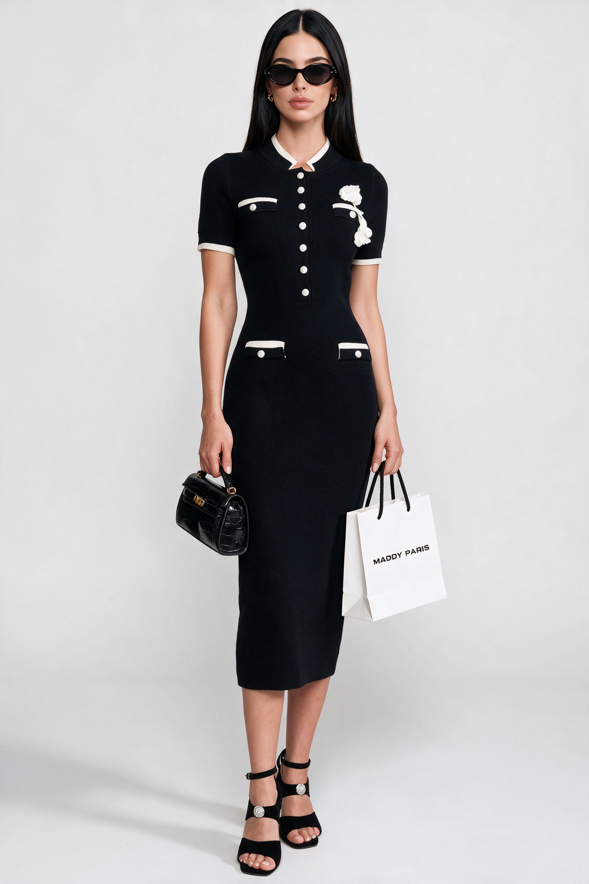 Ribbed Knit Midi Dress With Contrast Trim And Decorative Pockets - Black