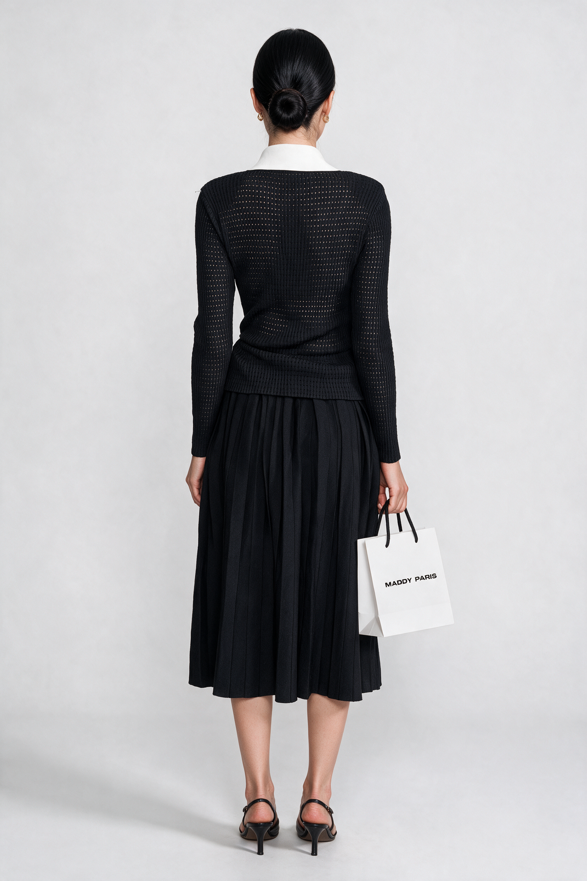 Open-Knit Dress with Pleated Midi Skirt - Black