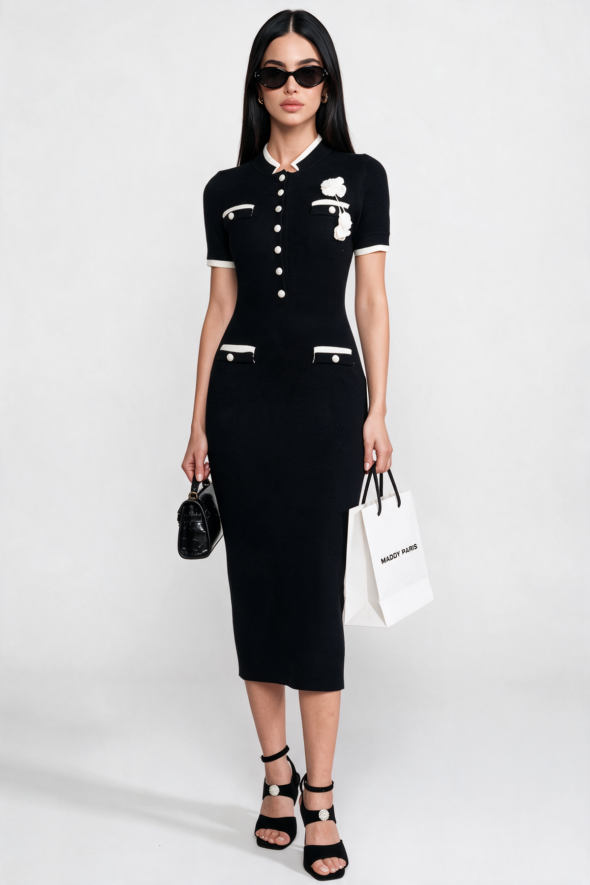 Ribbed Knit Midi Dress With Contrast Trim And Decorative Pockets - Black
