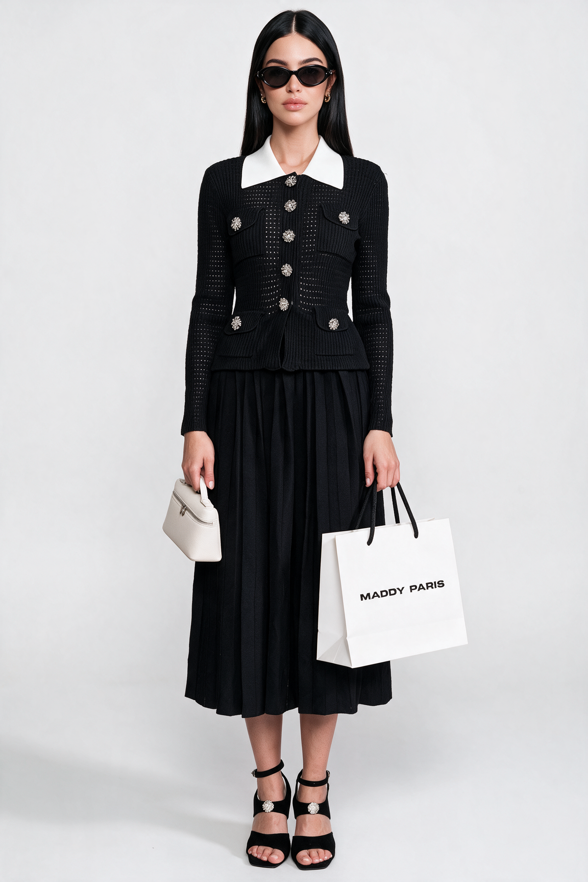 Open-Knit Dress with Pleated Midi Skirt - Black