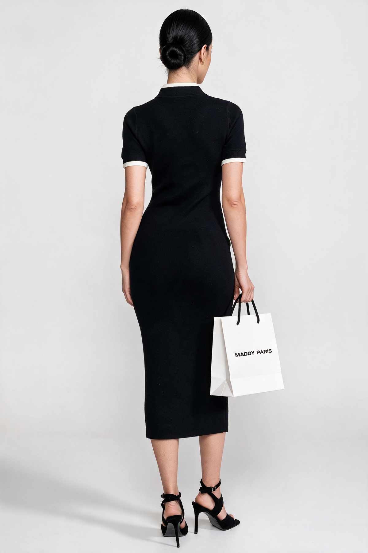 Ribbed Knit Midi Dress With Contrast Trim And Decorative Pockets - Black
