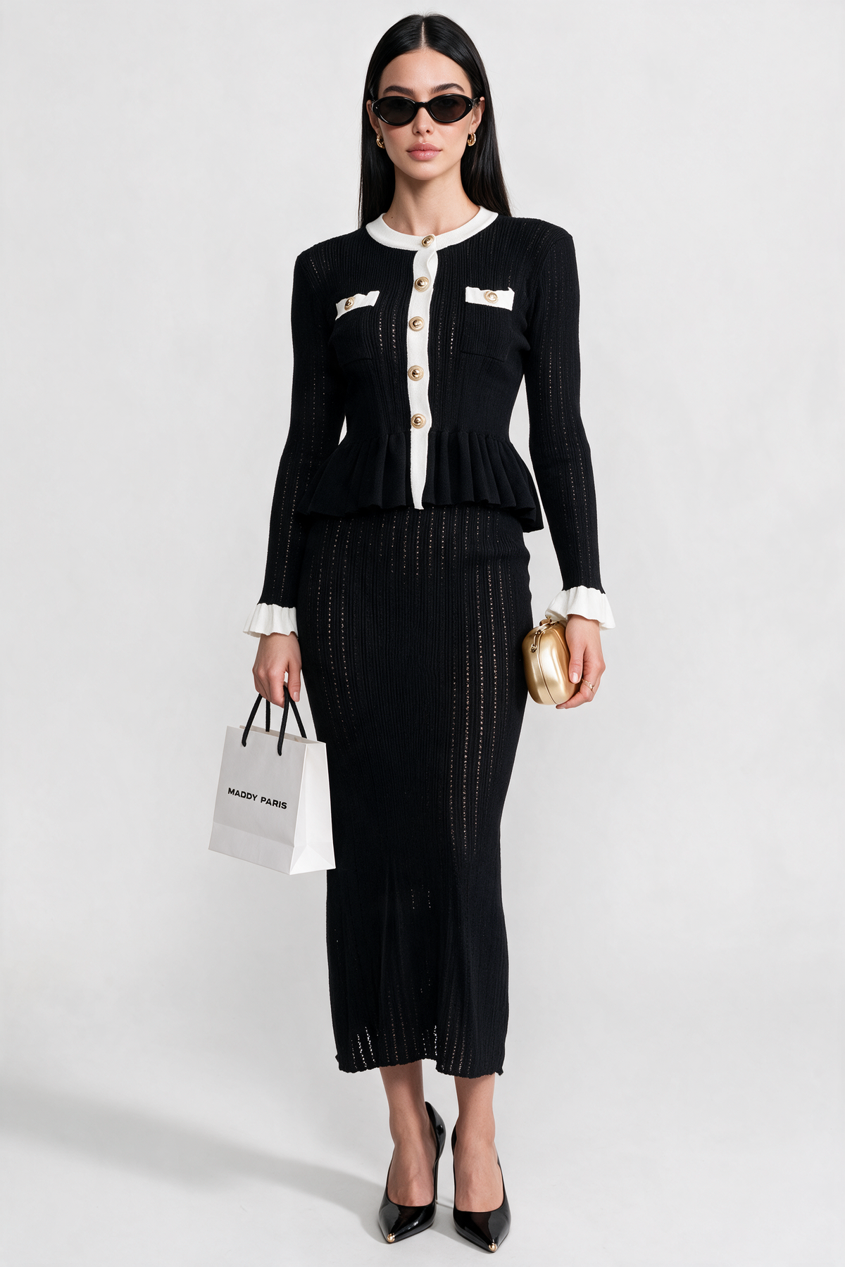 Pointelle Knit Midi Co-Ord with Contrast Trim - Black