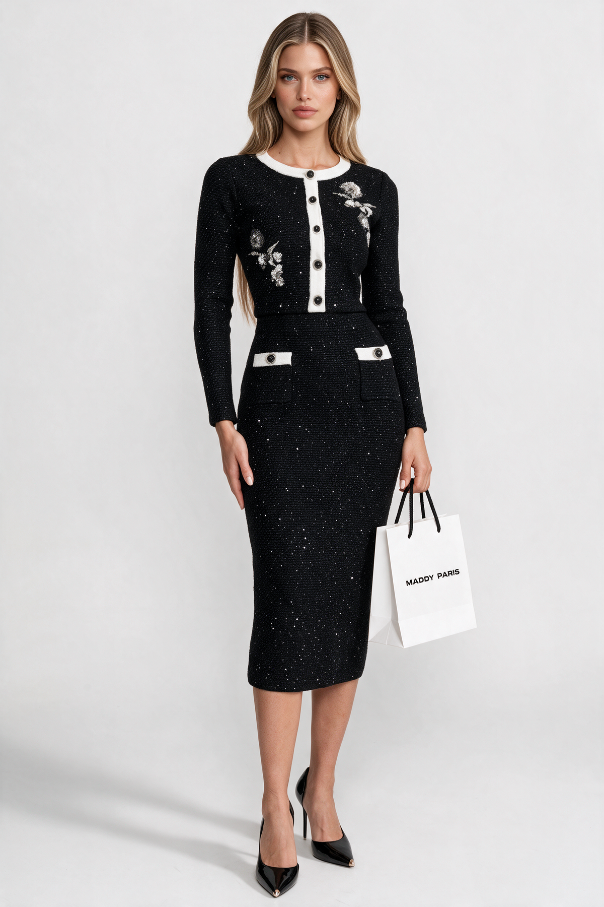 Embroidered Tweed Knit Co-Ord Set with Contrast Trim - Black