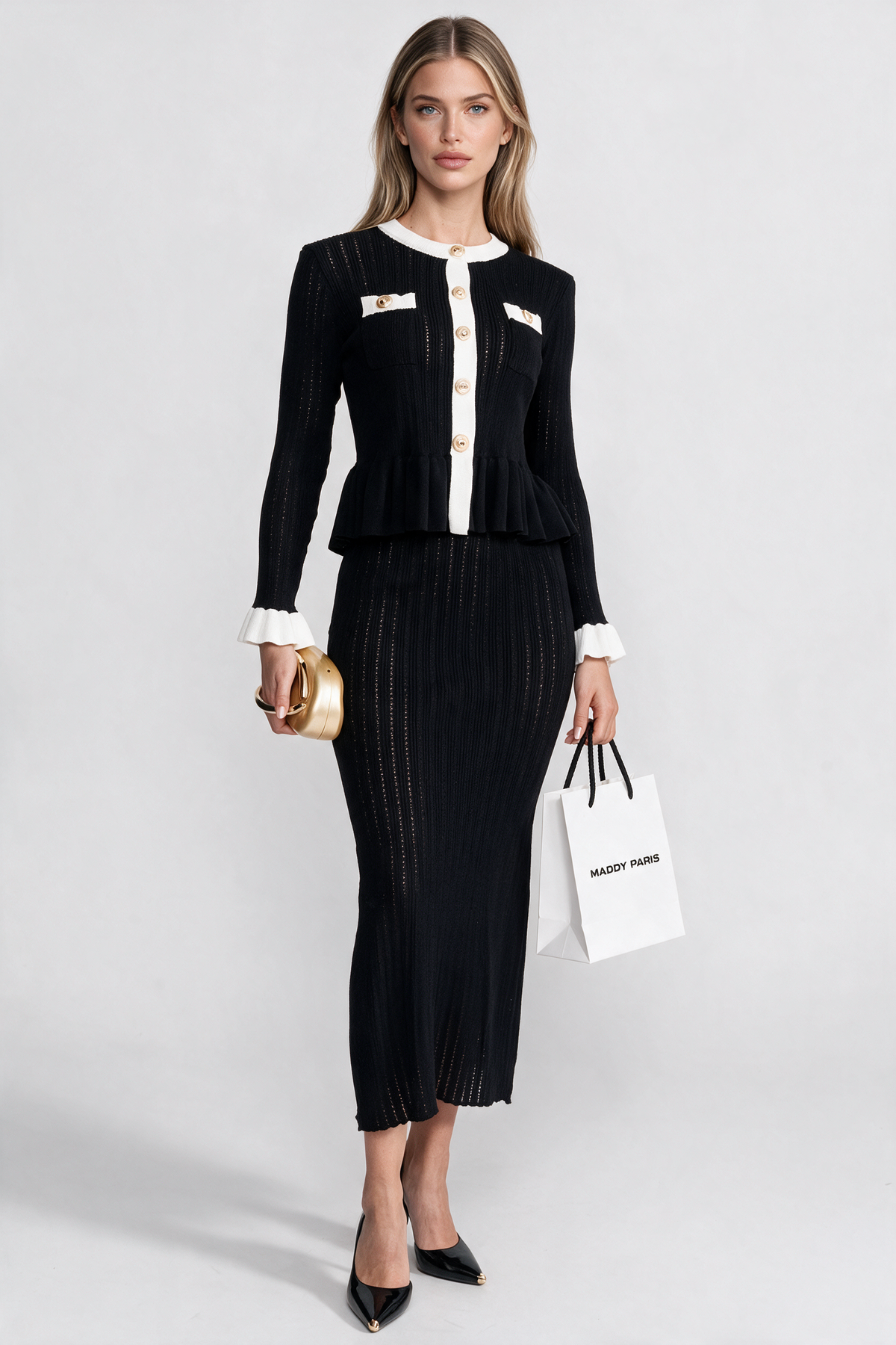 Pointelle Knit Midi Co-Ord with Contrast Trim - Black