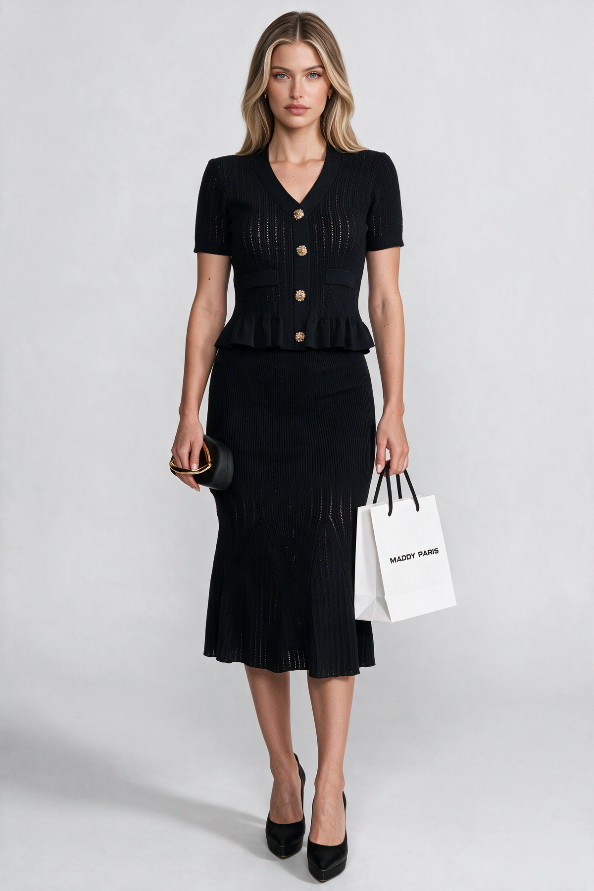 Knit Midi Co-Ord with Peplum Waist and Gold Buttons - Black