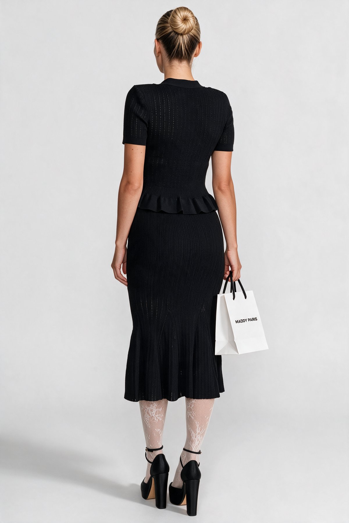 Knit Midi Co-Ord with Peplum Waist and Gold Buttons - Black