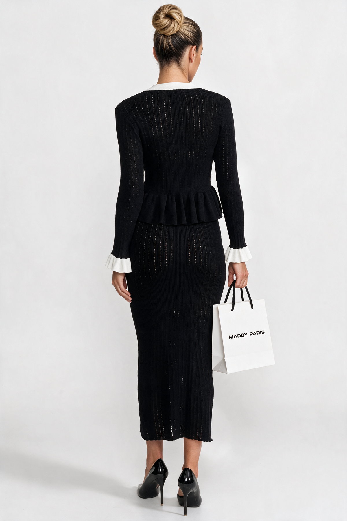 Pointelle Knit Midi Co-Ord with Contrast Trim - Black