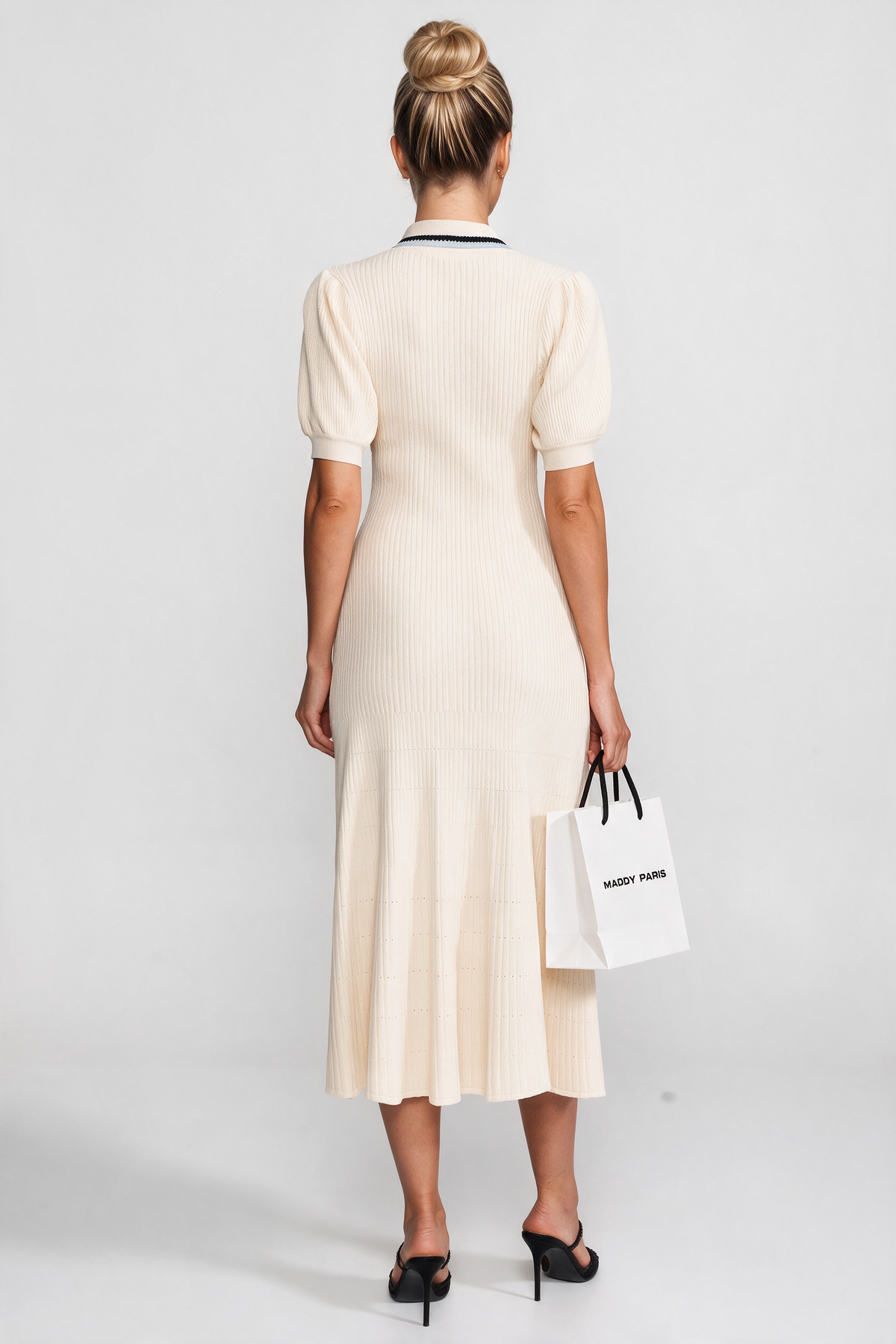 Short Sleeve Knit Midi Dress With Polo Collar And Monogram Patch - Cream