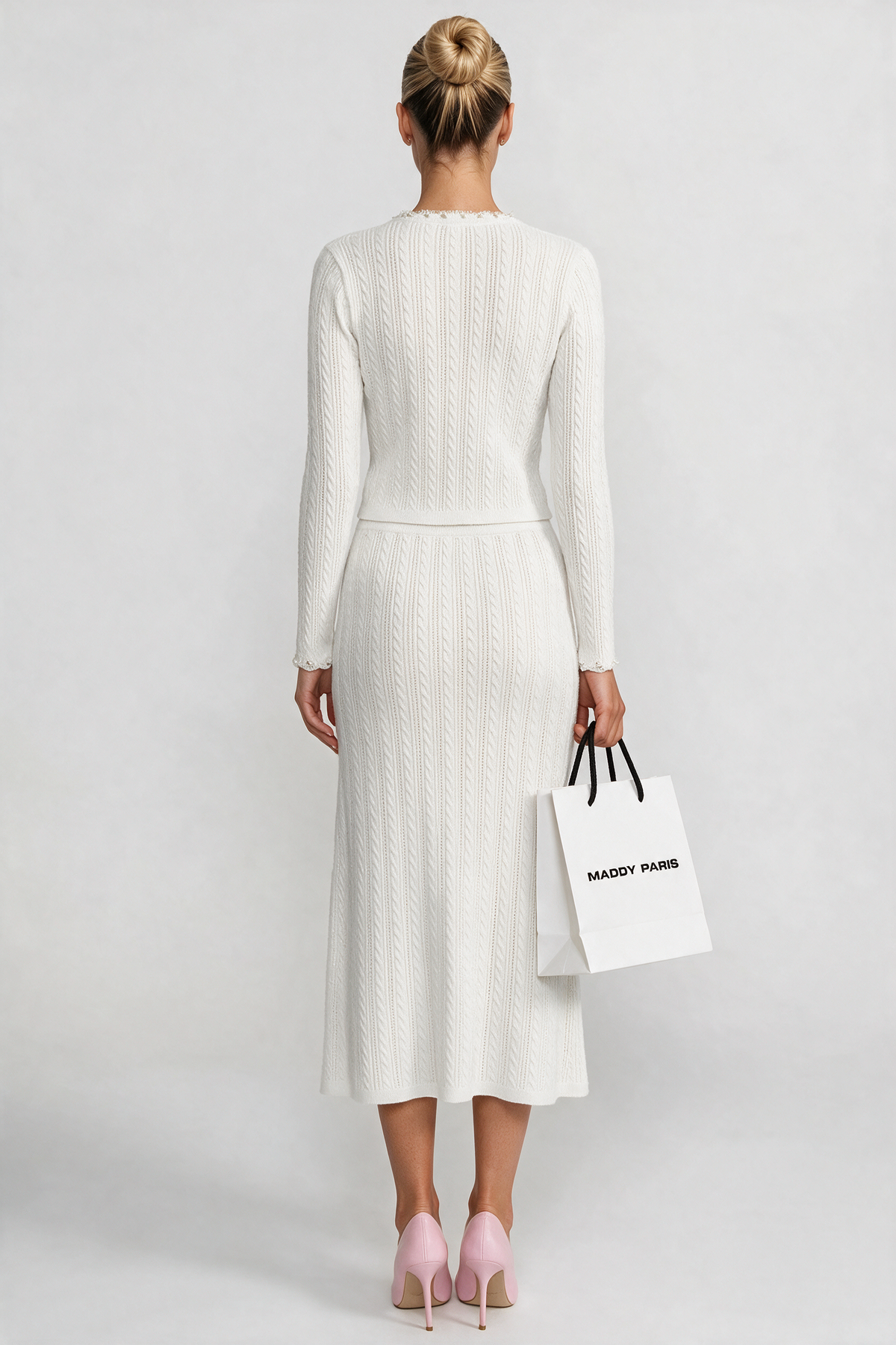 Ribbed Knit Dress and Cardigan Set With Pearl Button Detailing - White
