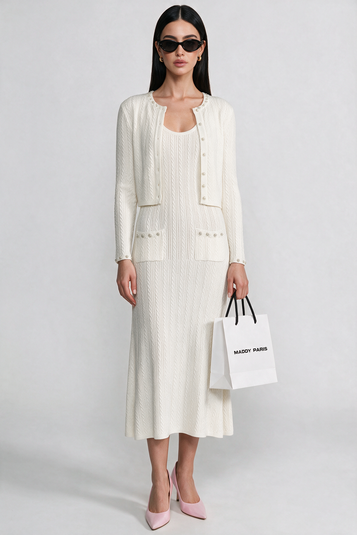 Ribbed Knit Dress and Cardigan Set With Pearl Button Detailing - White