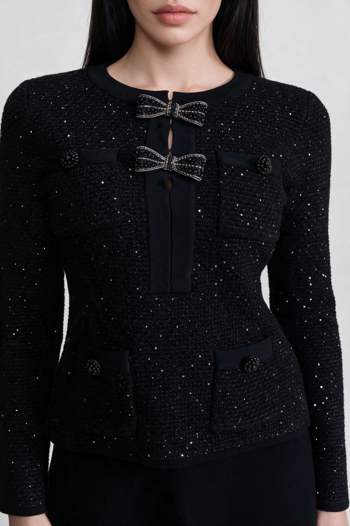 Embellished Tweed Co-Ord Set with Bow Closures And Mini Skirt – Black