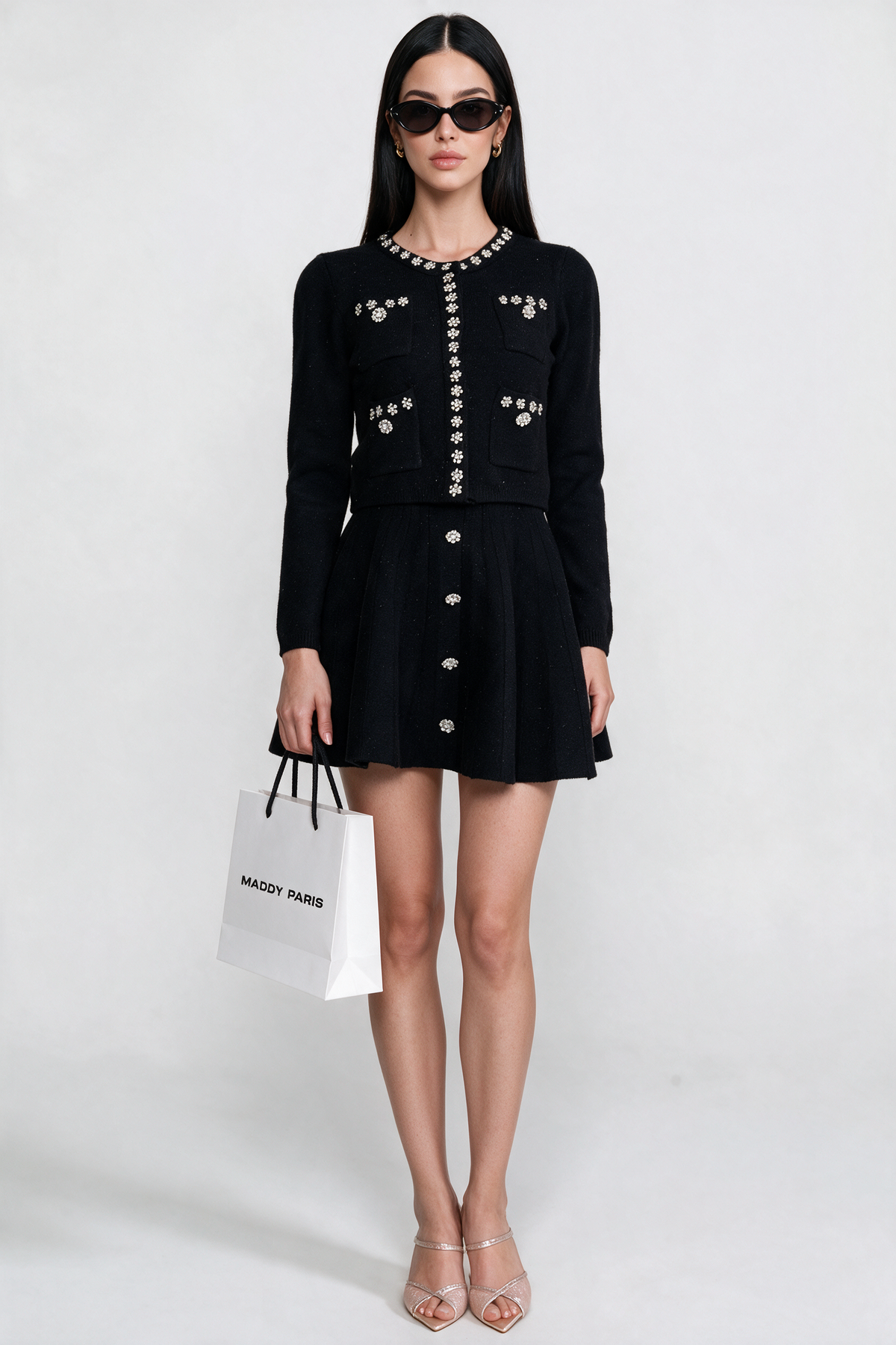 Knit Co-Ord Set With Long Sleeve Cardigan And Matching Mini Skirt - Black