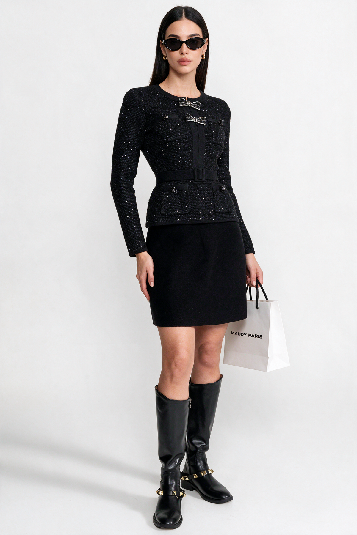 Embellished Tweed Co-Ord Set with Bow Closures And Mini Skirt – Black