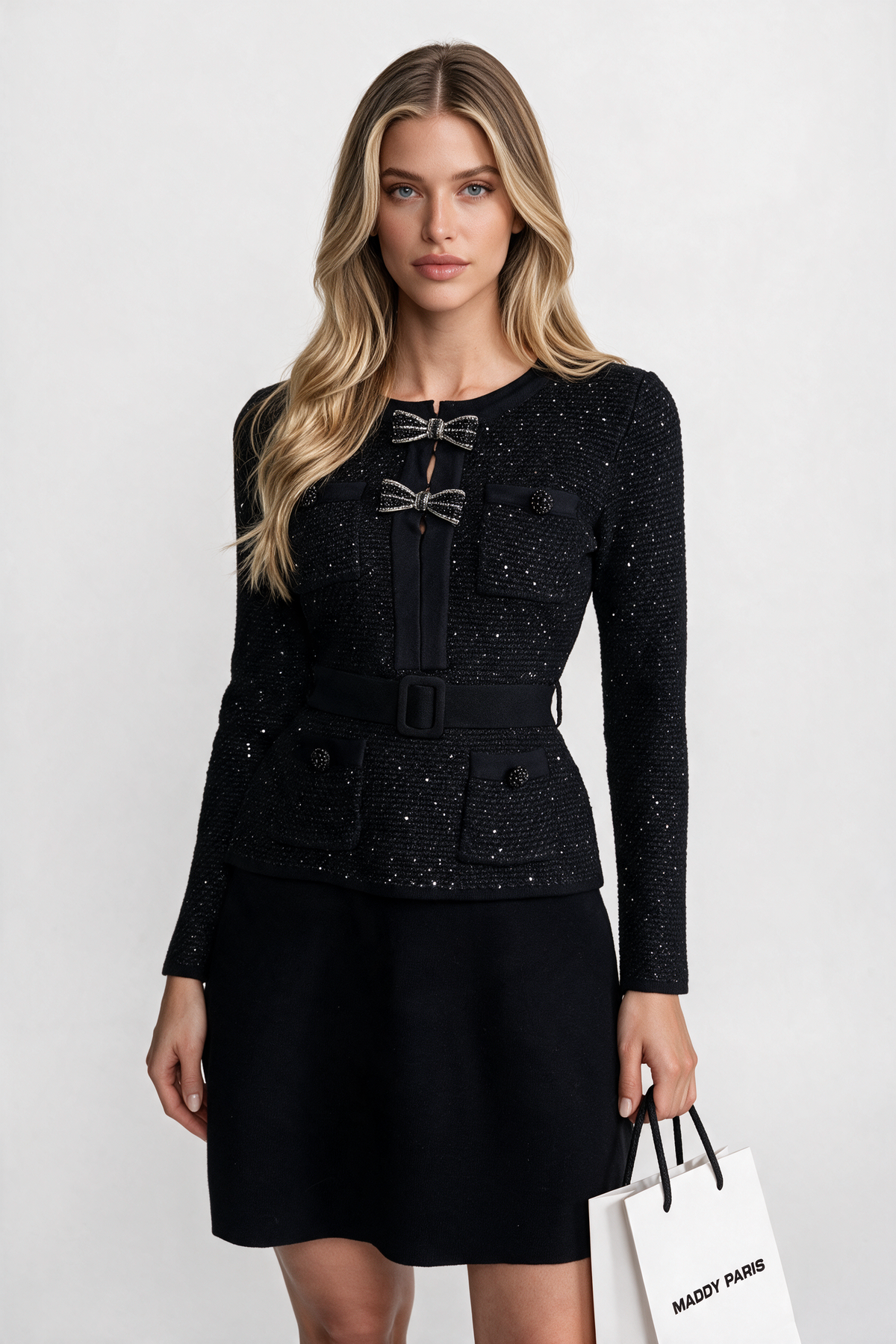 Embellished Tweed Co-Ord Set with Bow Closures And Mini Skirt – Black