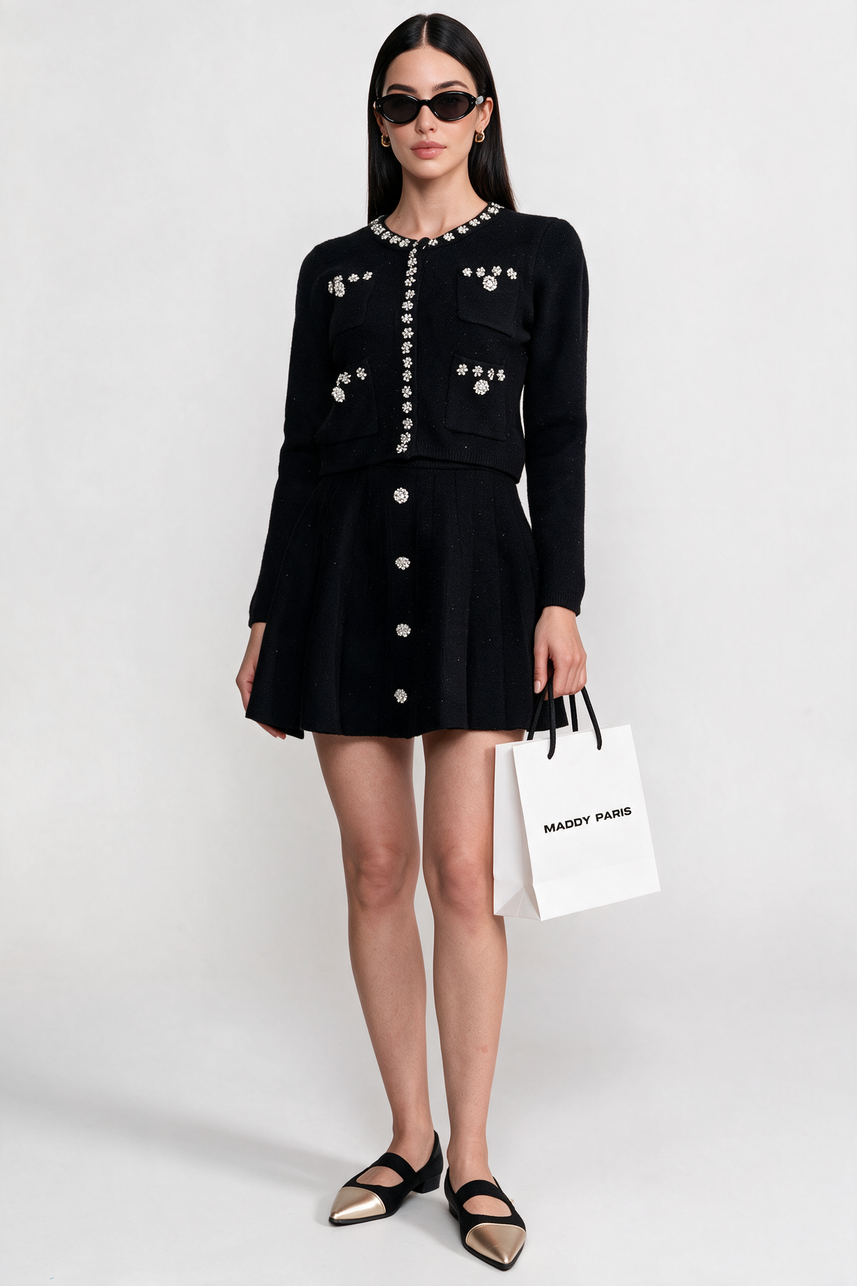 Knit Co-Ord Set With Long Sleeve Cardigan And Matching Mini Skirt - Black