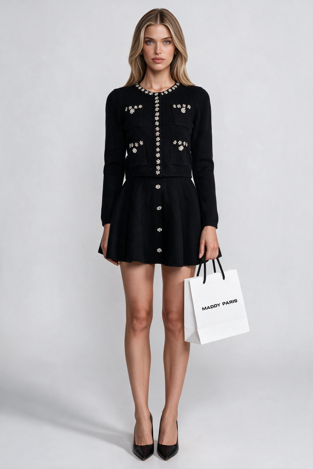 Knit Co-Ord Set With Long Sleeve Cardigan And Matching Mini Skirt - Black