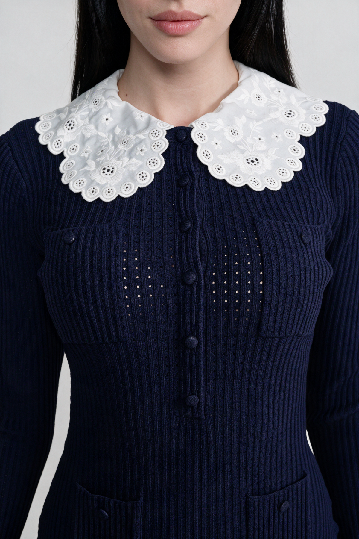 Knit Long Sleeve Mini Dress With Broderie Collar - Navy