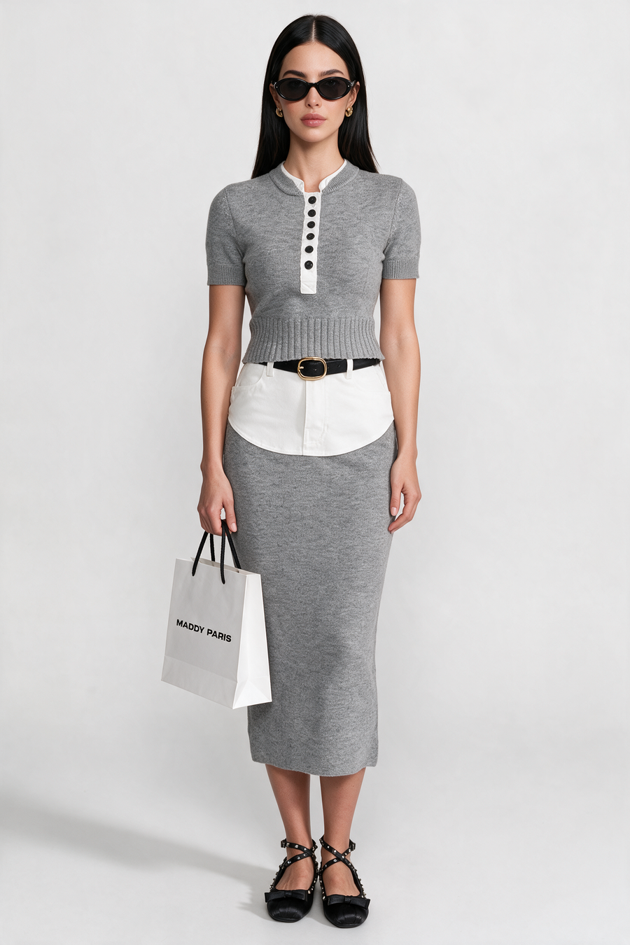 Knit Co-Ord Set with Contrast Shirt Insert Detail – Grey