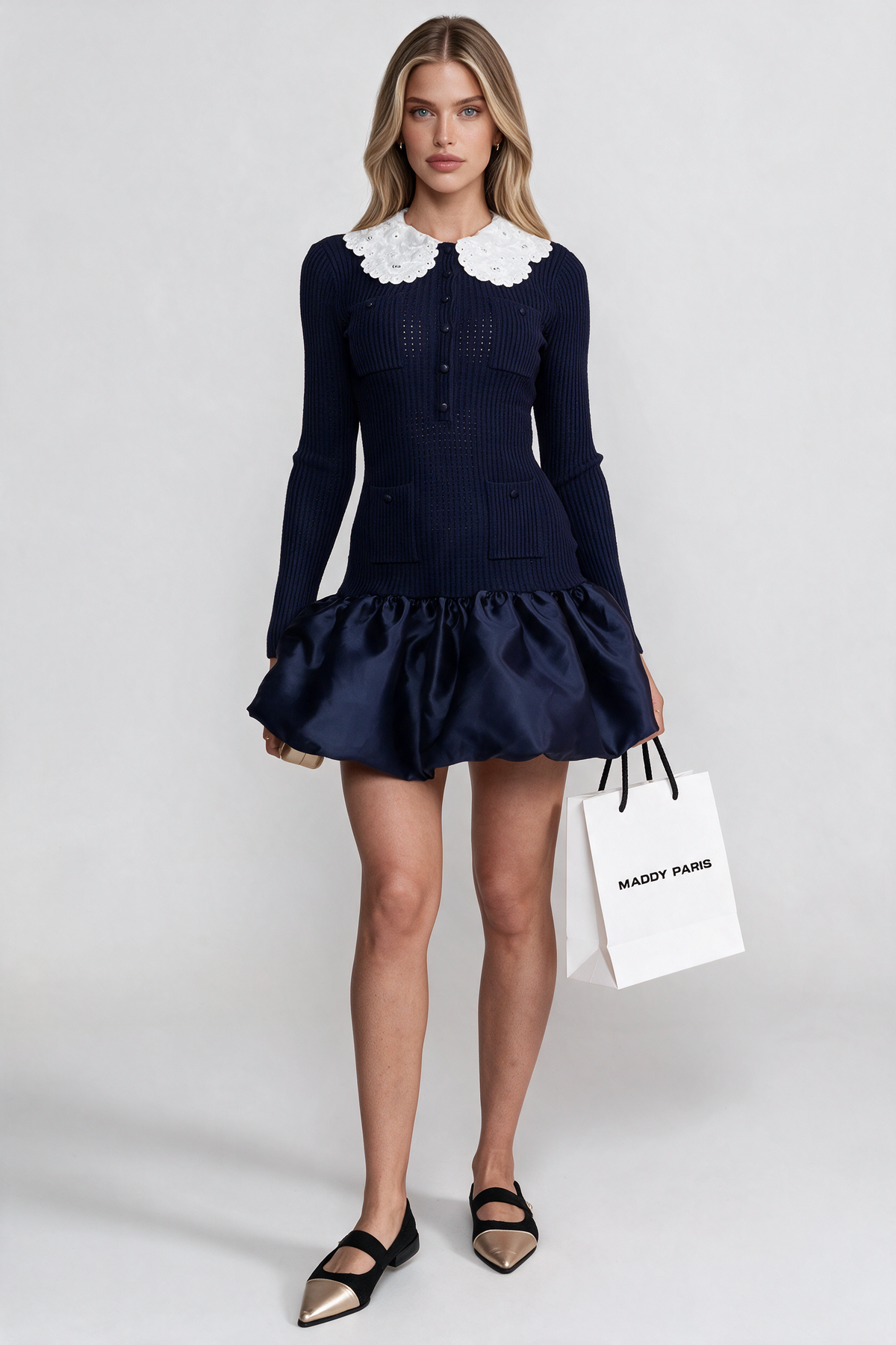 Knit Long Sleeve Mini Dress With Broderie Collar - Navy