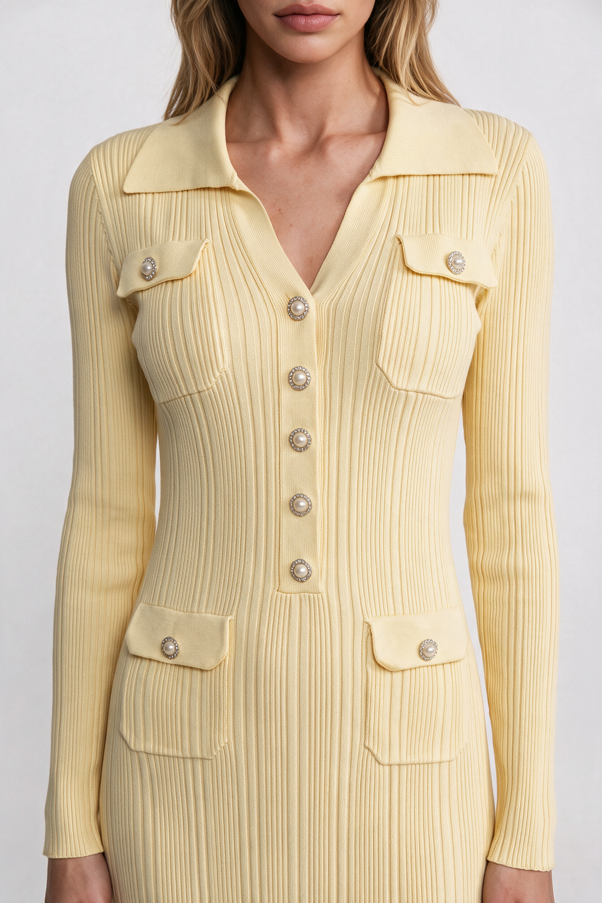 Long-Sleeve Button-Front Knit Maxi Dress With Patch Pockets - Yellow