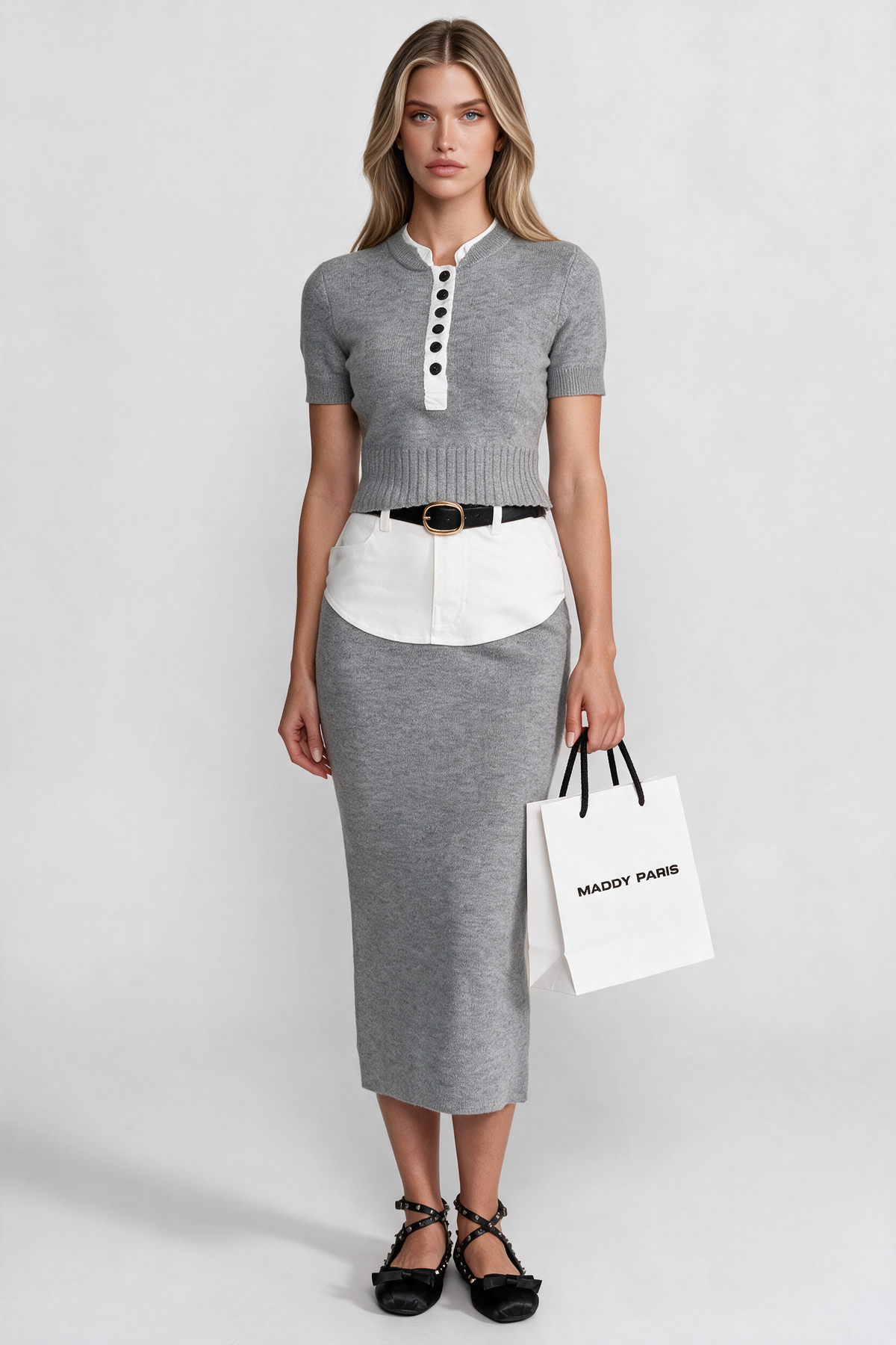 Knit Co-Ord Set with Contrast Shirt Insert Detail – Grey