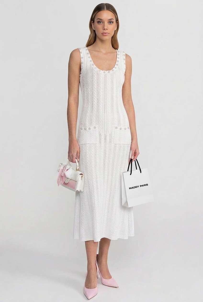 Ribbed Knit Dress and Cardigan Set With Pearl Button Detailing - White