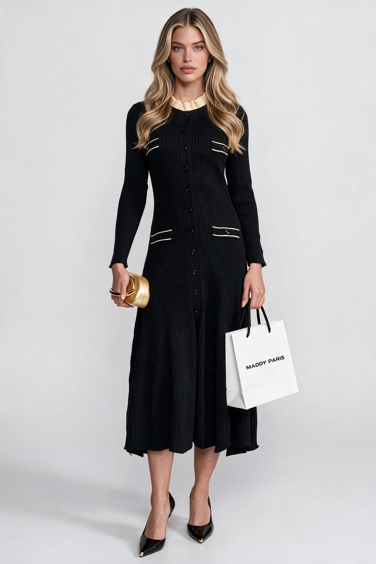 Long Sleeve Midi Dress With Button-Through Front And Contrast Pocket Trim - Black